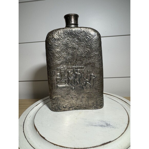 Antique Derby S P Co International Repousse Village Party Silverplate Flask #42 - Picture 1 of 9